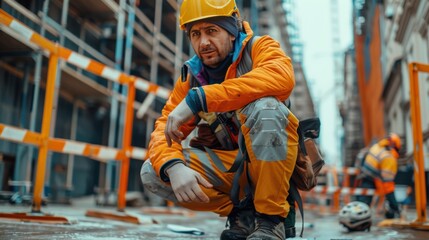 A man in a yellow jacket is kneeling down in front of a construction site
