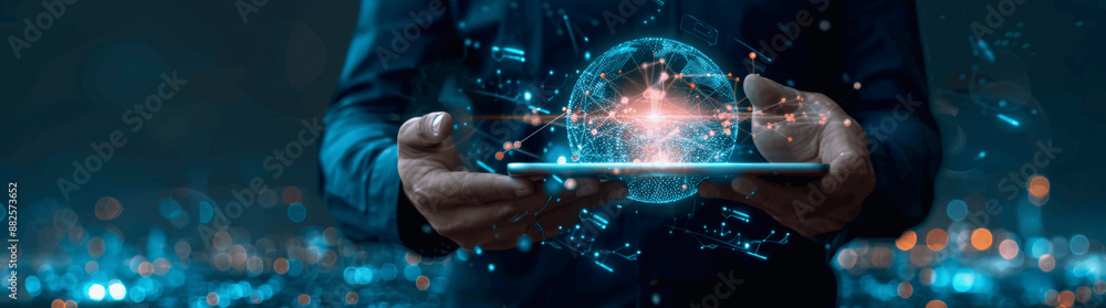 Poster businessman using tablet for digital hologram of global network with ai for business growth in techn