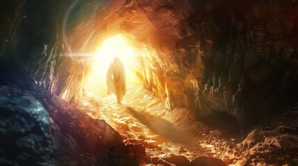 Jesus Christ in a cave, rising after His death illustration
