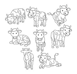 Set of cow doodle collection, cow outline coloring page or book animals for kindergarten, Vector line art set of animals wildlife, Hand drawn, Minimal cow line art doodle in different pose.