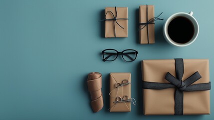 
A top-down view of a neatly arranged gift set on an elegant blue background, featuring two wrapped presents, eyeglasses, a coffee cup, and a rolled tie.