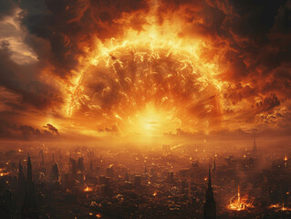 Fototapeta premium Nuclear Explosion Over City Creating Apocalyptic Scene with Flames and Smoke in Sky during Global Destruction High Resolution Photography