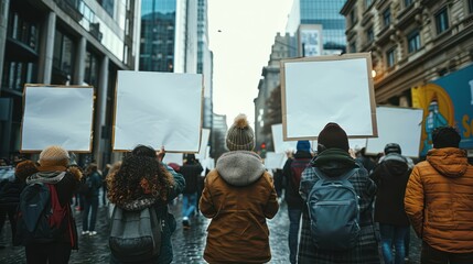 Naklejka premium A group of protesters hold signs and backpacks while standing on a city street