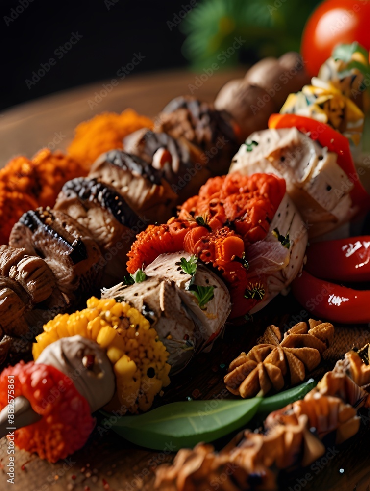 Poster chicken kebab on skewers with vegetables on a dark background generated by ai