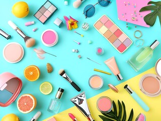 Summer Makeup Flat Lay with Fruits and Flowers Illustration
