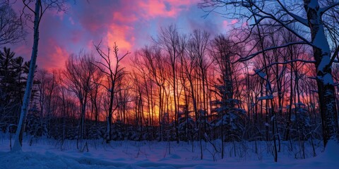 Obraz premium Colorful sunset illuminating a snowy forest