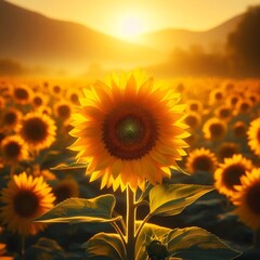 Obraz premium Sunflower field at sunset. Beautiful nature landscape with sunflowers Generated by AI