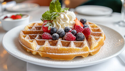 a classic belgian waffle, featuring a golden, crispy waffle topped with fresh berries, whipped cream, and a dusting of powdered sugar