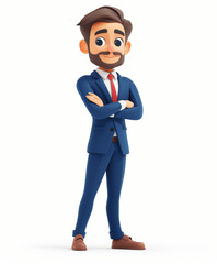 Obraz premium 3D Cartoon Smiling Business Man in Blue Suit Standing Arms Crossed Isolated on White Background