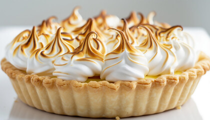 a classic lemon meringue pie, featuring a golden, flaky crust filled with tangy lemon curd and topped with a cloud of perfectly toasted meringue peaks