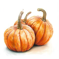 Orange pumpkins, harvest time, pastel drawing, soft tones, isolated on white background