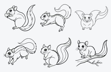 Majestic Flying Squirrel Line Art Set Vector, Perfect for Designers and Nature Enthusiasts