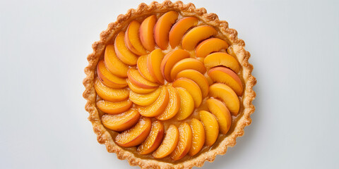 a refined french peach tart, with perfectly arranged peach slices on a golden, flaky crust, set against a clean white background