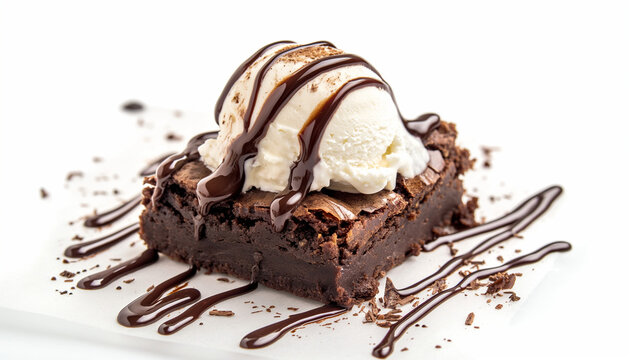 brownie ã  la mode, featuring a rich, fudgy brownie topped with a scoop of vanilla ice cream and drizzled with chocolate sauce - Powered by Adobe