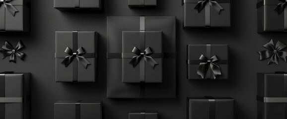 Black gift boxes with black ribbons, minimal 3D design on a black background, elegant and sleek