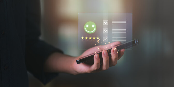 Male consumers rate their satisfaction and rate and review them online. Customer Experience Survey Concepts for Services and Products and Customer Engagement