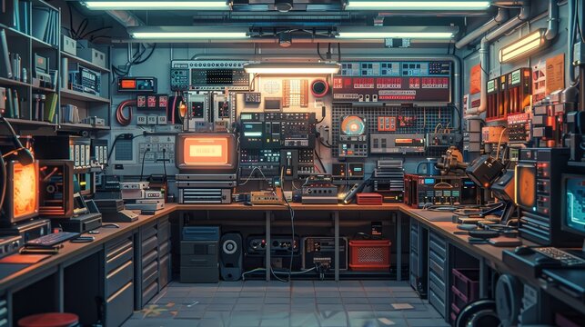 A team in a bustling robotics workshop, soldering circuits and assembling components for a new project, with tools and parts neatly organized in a pastel-toned environment.