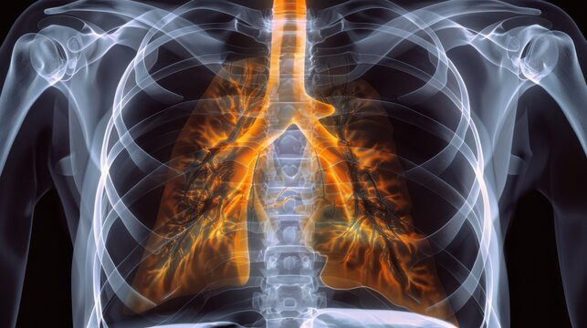 A skeleton with a lung that is yellow and orange