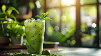 Iced green tea in glass,Sweet Thai green milk tea, refreshing drink
