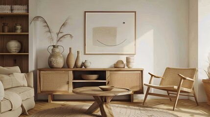 Modern bohemian style living room with wooden furniture and neutral decor. Studio interior photography. Home decor and lifestyle concept for design and print.