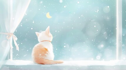 Cute white and orange cat, looking to the star in the sky