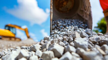 Naklejka premium Aggregate materials being delivered to a bustling construction site, workers preparing for the creation of new infrastructure, vibrant and active environment