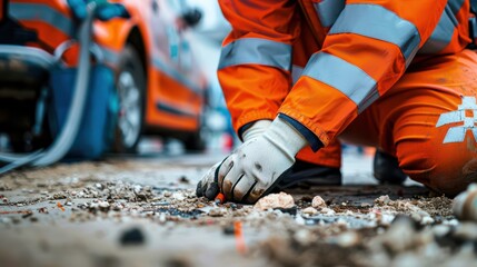 Fototapeta premium A man in an orange and reflective jacket is kneeling on the ground