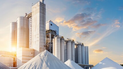 Cement factory exterior, with massive production buildings and industrial equipment, illustrating the robust infrastructure of the construction material industry