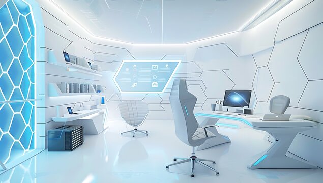Futuristic hexagonal office interior with virtual reality elements