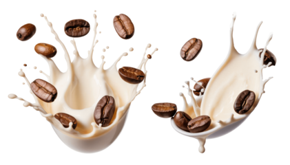 coffee beans falling and milk splash isolated on transparent background