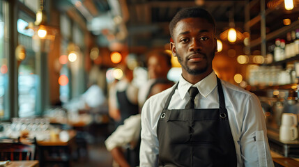 Obraz premium close up black man waiter with black apron look at camera against blurred cafe background with copy space.