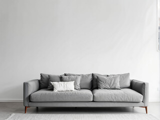 Stylish grey sofa near white wall