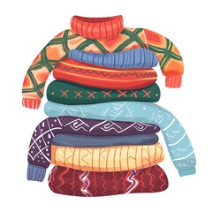 Cozy sweater stack, winter collection, cartoon style, playful, isolated on white background