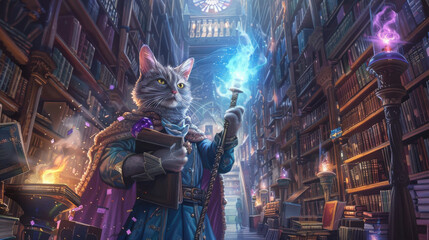 A wizard cat holding a magical staff, casting spells in an ancient library filled with magical artifacts