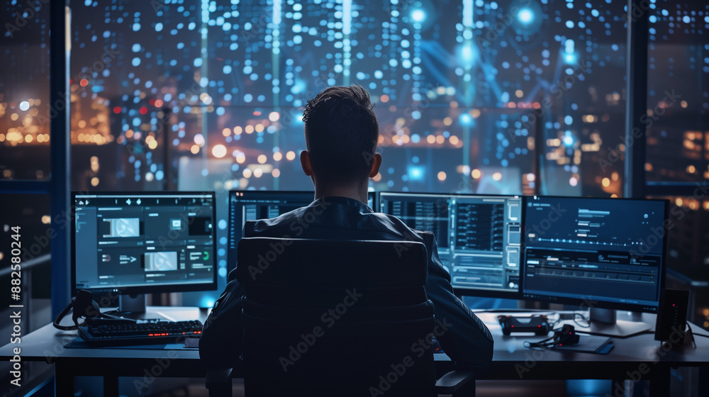 Poster ethical hacker or cyber security expert working on computer