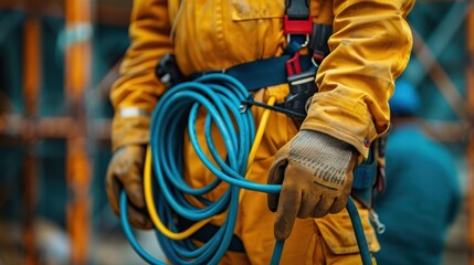 A man in a yellow jacket is holding a blue wire
