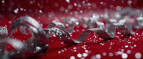 Close-up on a group of silver rolling ribbons and confetti on a red background, festive and sparkling