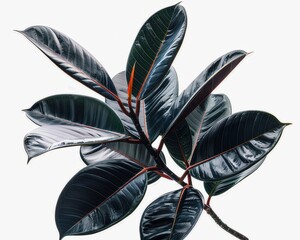 Close-up of a beautiful rubber plant branch with dark green leaves on a white background, showcasing natural beauty and tropical charm, air-purifying trees, India Rubber Fig