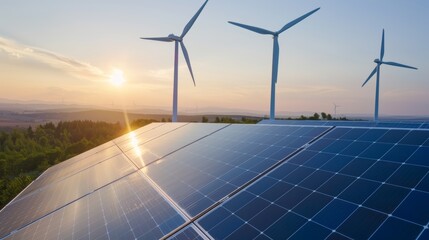 Renewable energy installation at a plant, showcasing solar panels and wind turbines, an eco-friendly factory site dedicated to sustainability