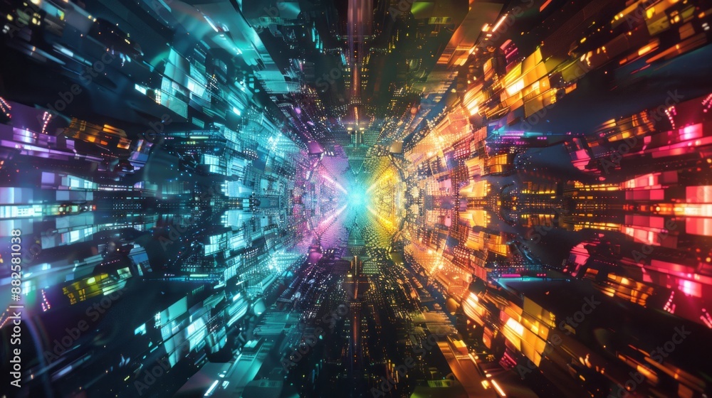 Poster 3d manual rendering of abstract multicolor technology fractal light background with vibrant geometri