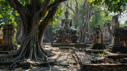 The ancient ruins of Ayutthaya, with historic temples and statues of Buddha surrounded by lush greenery