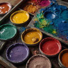 close up, artist's palette, vibrant paint colors, copy space, colorful palette, painting supplies, art tools, creative palette, artist's tools, bright paint, artistic palette, paint colors, vivid hues