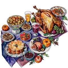 Thanksgiving dinner, family meal, folk art, vibrant, isolated on white background