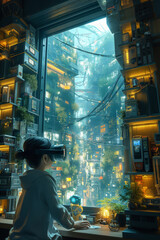 Obraz premium Architectural composition and people wearing VR goggles playing with toys in a futuristic room full of digital screens and robots.