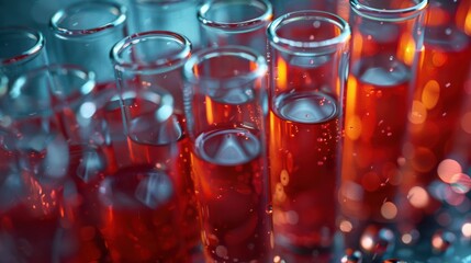 A row of test tubes filled with red liquid