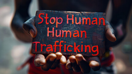 A person is holding a sign that says "Stop Human Trafficking"