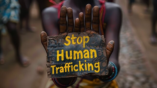 A woman holds a sign that says "Stop Human Trafficking"