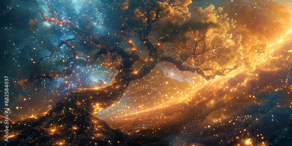 Wall mural a tree with glowing leaves and branches is surrounded by a bright orange sky. the scene is filled wi
