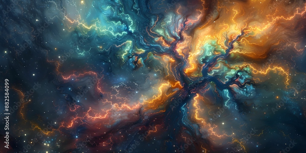 Canvas Prints a tree with glowing leaves and branches is surrounded by a bright orange sky. the scene is filled wi