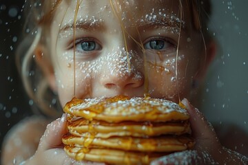 Captures the joy and excitement of a child enjoying a delicious breakfast.